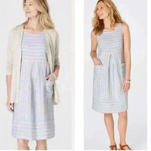 J. Jill Love Linen Striped Dress with Pockets,  Size M, White, Brown, Blue
